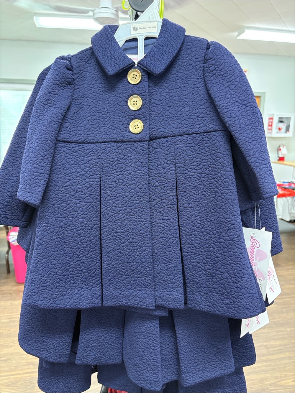 Bonnie Baby Navy Textured Pea Coat with Wooden Buttons